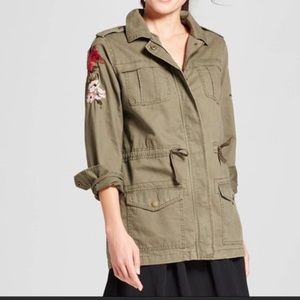 Army green utility jacket with floral embroidery